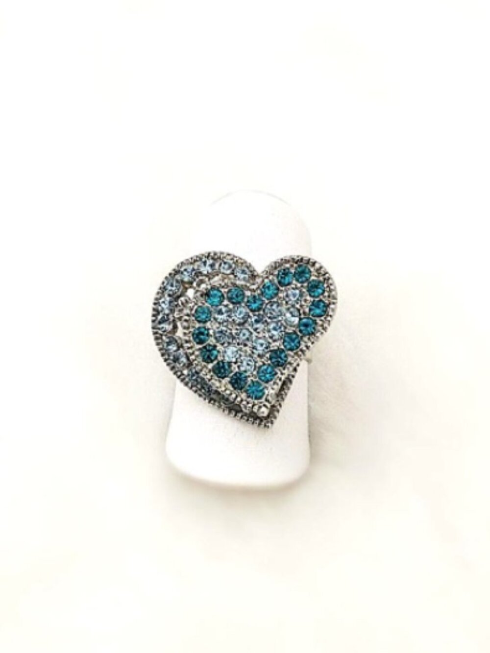 BLUE Crystal Bold Ring “2 Hearts As 1” Adjustable